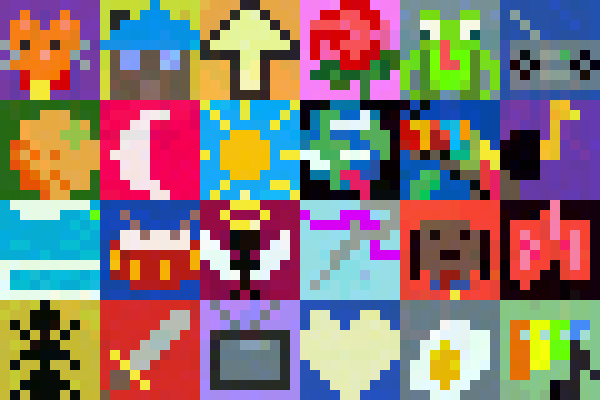 24 pixelated images arranged in a 4x6 grid