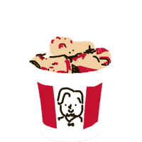 A white-and-red bucket of fried chicken with a person's face