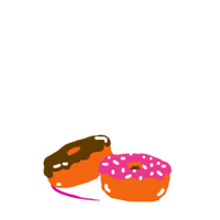 A chocolate donut and a sprinkled, pink donut on a white plate