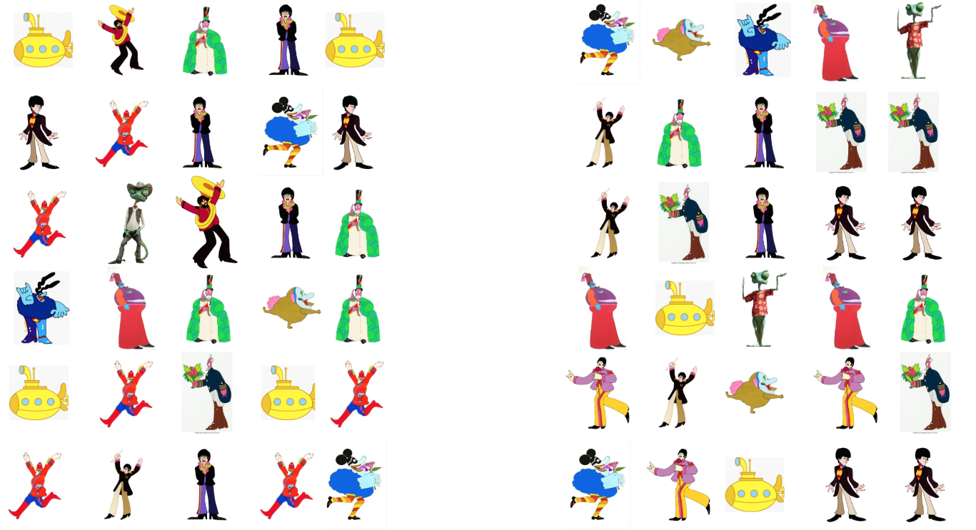 Two 5x5 arrays of Yellow Submarine characters