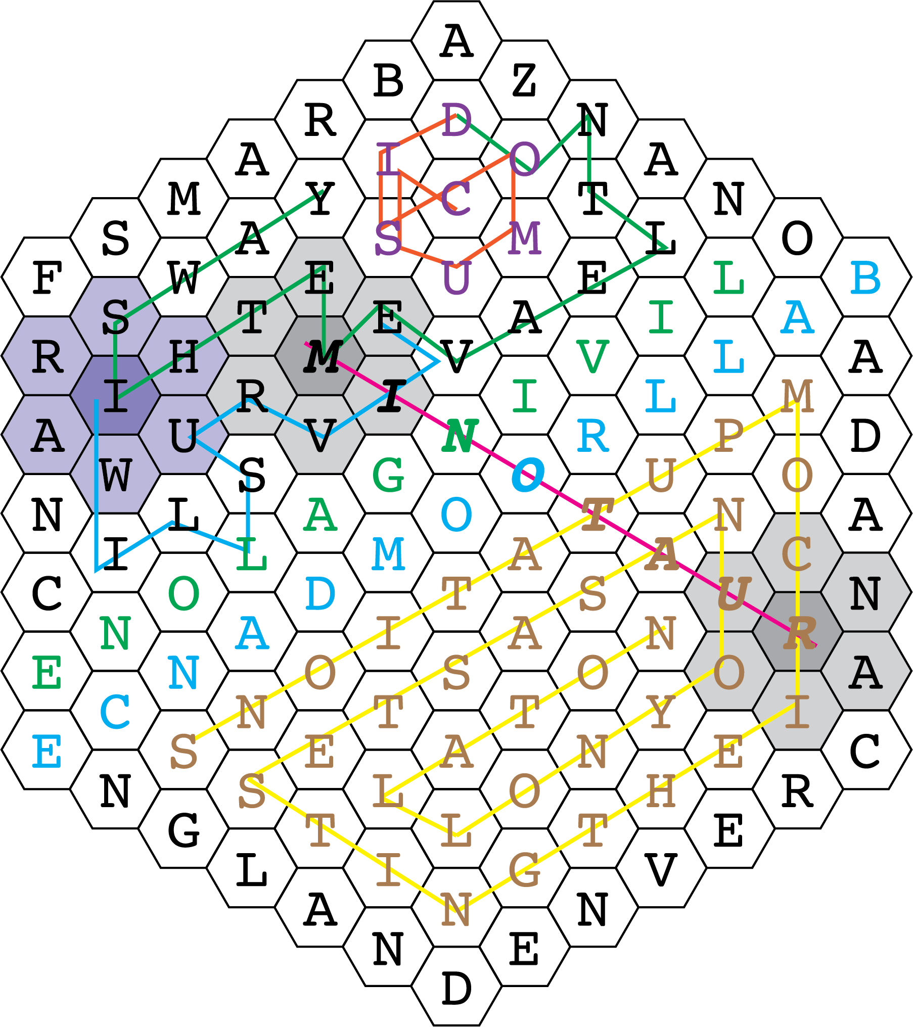 [hex grid with lines and letters in color]