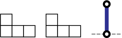 Domineering board, an L-tetromino of width 3 and height 2, then Domineering board, an L-tetromino of width 3 and height 2, then Hackenbush of a single blue branch