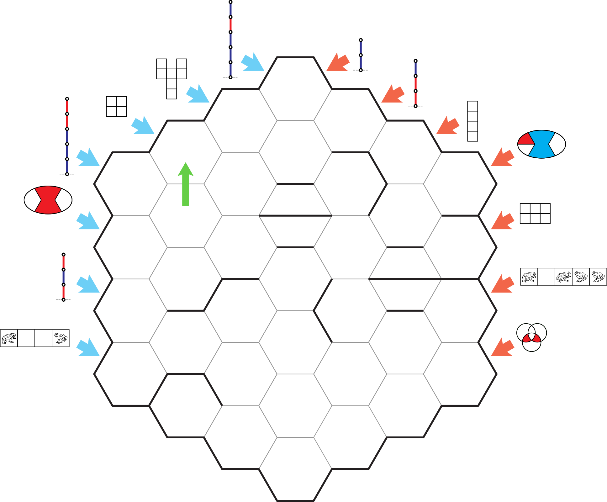 a hexagonal maze, with various games corresponding to each row of the grid