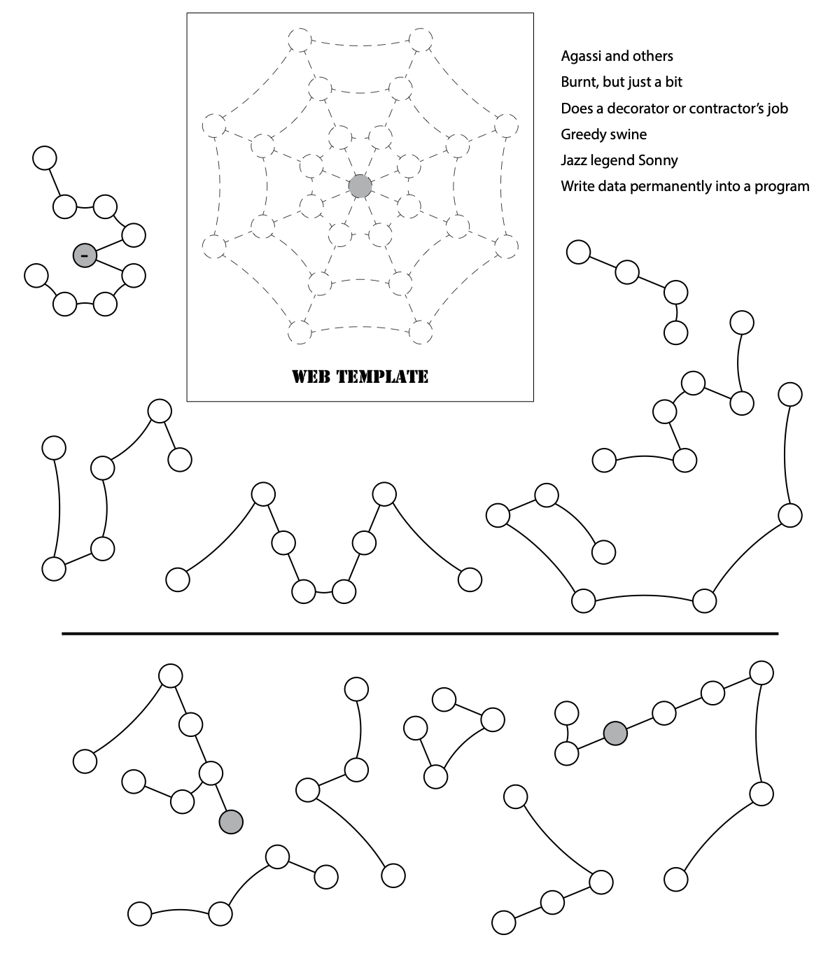 a box labeled Web Template contains circles connected by lines in the shape of a spider web. The center circle is greyed out. There are phrases next to the box. Outside the box, there are circle-and-line graphs.