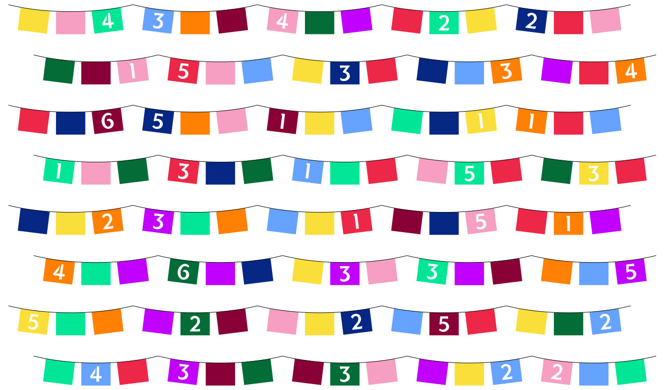 8 rows of bunting with multicolored flags, 15 flags per row, hung in groups of 3