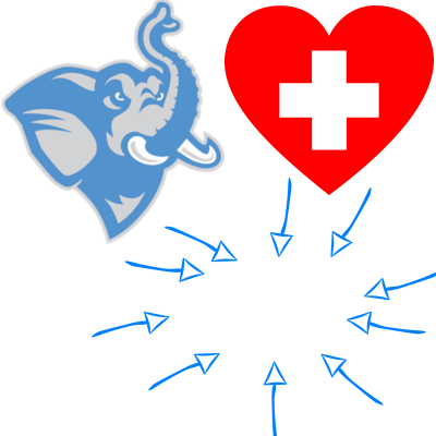 an elephant, a heart with a white cross in it, and a group of arrows pointing inwards