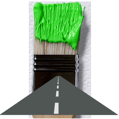a paintbrush with green paint, and a road