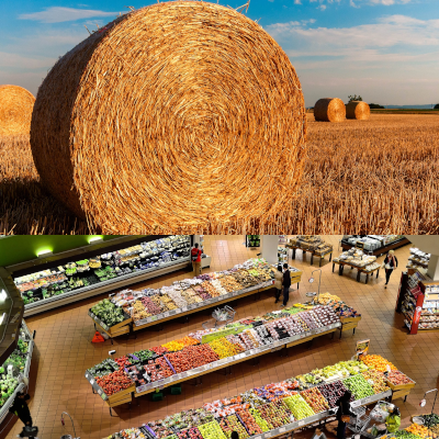 a bale of rolled up grass, and an overhead shot of a building filled with food