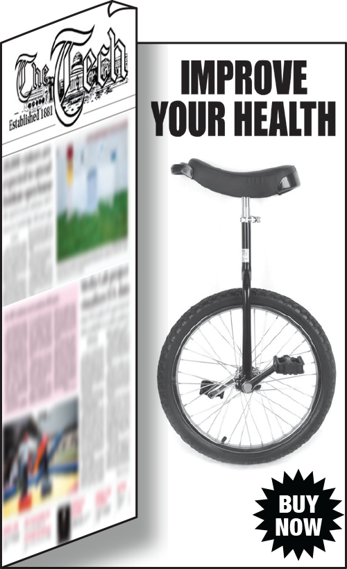 Front page of The Tech opens to reveal promotion with large picture of one-wheeled bike: IMPROVE YOUR HEALTH / BUY NOW!