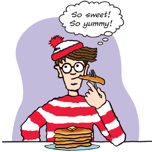 Man in red and white striped shirt wearing red and white hat is eating a pancake from a stack of more pancakes, saying: So sweet! / So yummy!