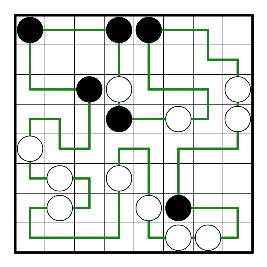 Masyu board mirroring chess piece positions, but white has king-side castled.