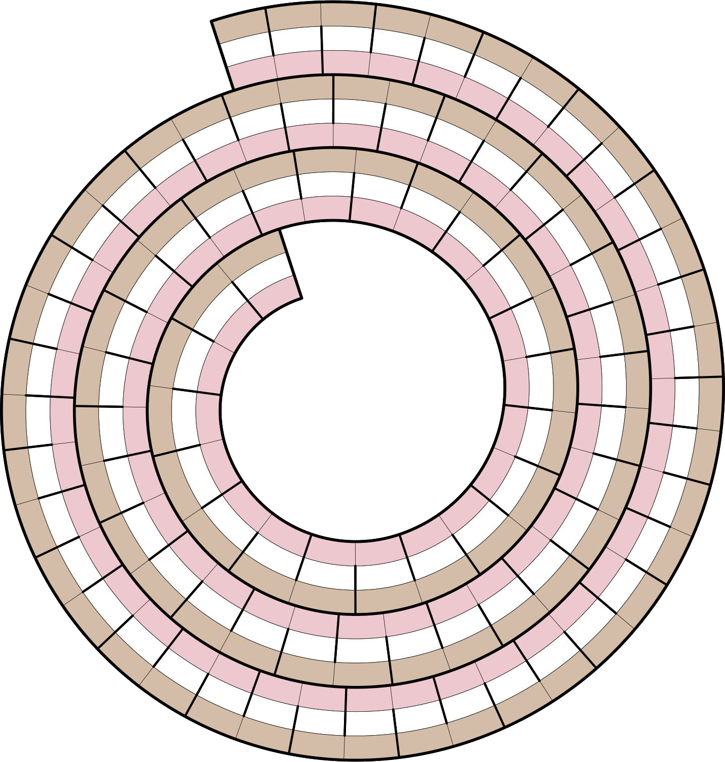 Spiral grid with tan, white, and pink spiral sections with 93 spaces of each color