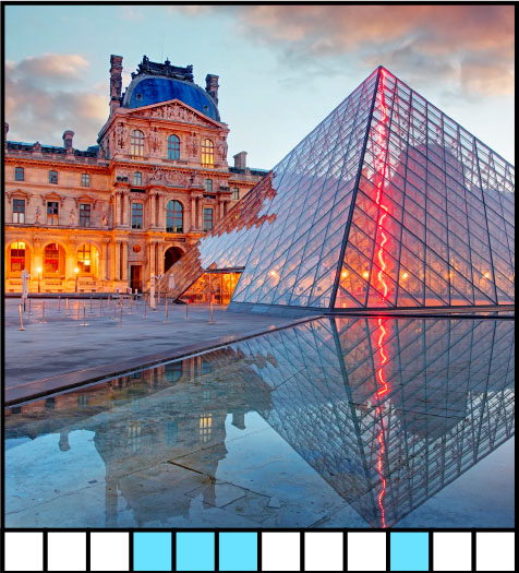 A glass pyramid in front of a stone building. 12 blanks with 4, 5, 6, 10 highlighted.