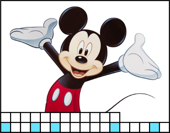 A cartoon mouse. 29 blanks with 13, 16, 18, 24, 28 highlighted.