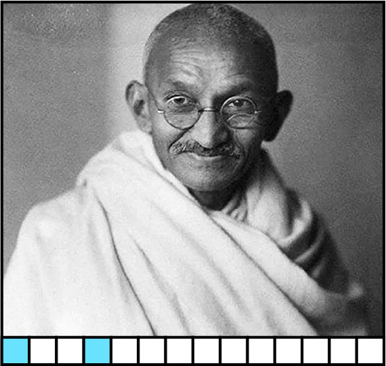 A black and white picture of an Indian man with wirey glasses. 14 blanks with 1, 4 highlighted.