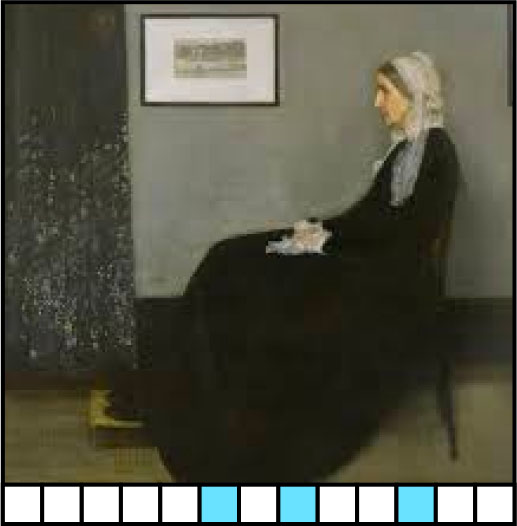 A painting of a side view of an old woman sitting down, her hands in her lap. 13 blanks with 6, 8, 11 highlighted.