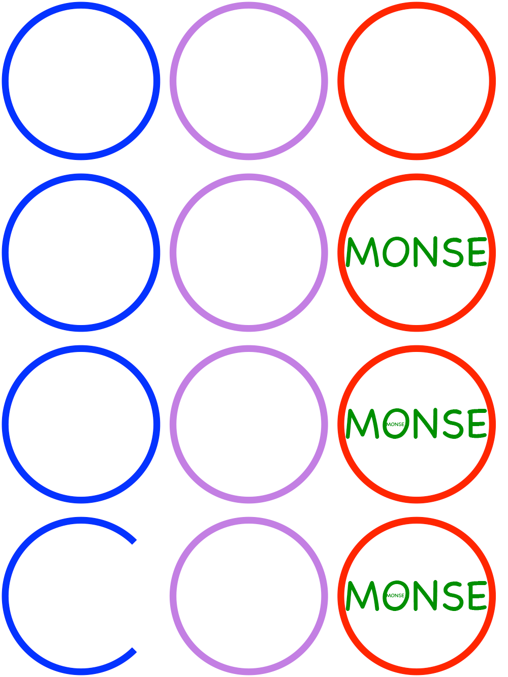 Four rows of circles, running blue, purple, and red left to right, with the circles altered as described below