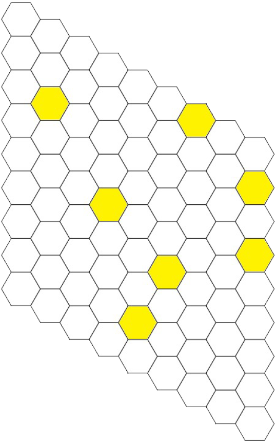 A group of hexagons forming a parallelogram-shaped grid. Seven of the hexagons are colored yellow.