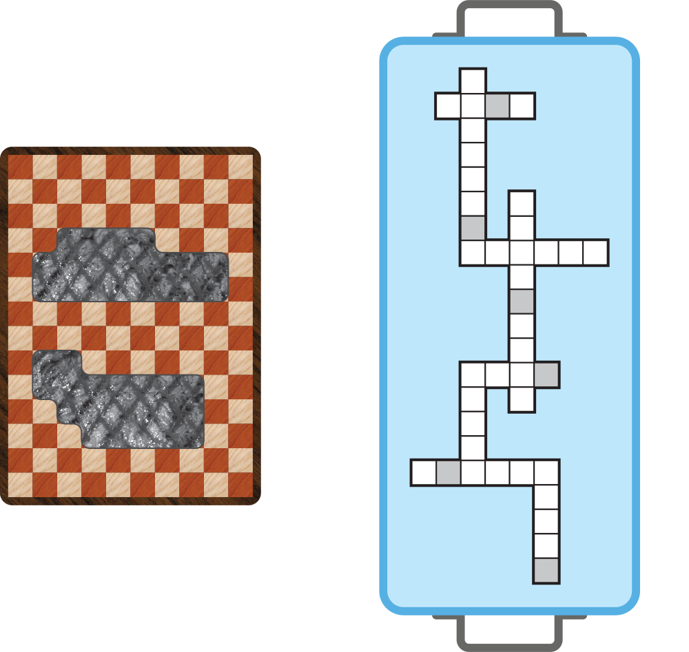 On the left, a cutting board with a grid pattern and two irregular, grilled pieces of meat. On the left, a serving tray with white and gray squares in a criss-cross pattern.