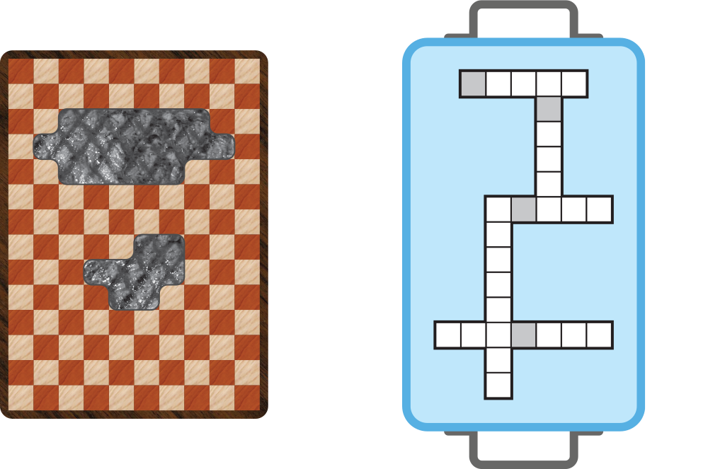 On the left, a cutting board with a grid pattern and two irregular, grilled pieces of meat. On the left, a serving tray with white and gray squares in a criss-cross pattern.