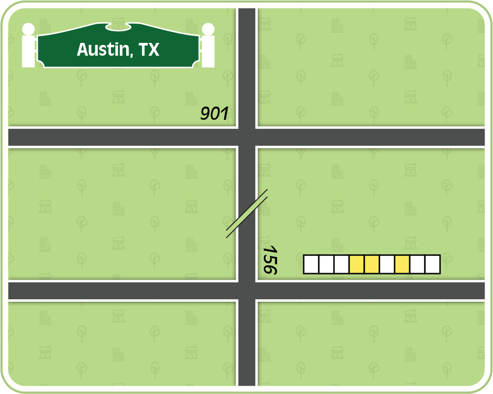 Simple street map displaying two horizontal streets intersecting a vertical street.
        In the upper left is a sign reading “Austin, TX”.
        Near the upper intersection is the number 901.
        Near the lower intersection is the number 156, oriented vertically.
        In the lower right, along the lower horizontal street, is a row of 9 boxes with the 4th, 5th, and 7th boxes highlighted.