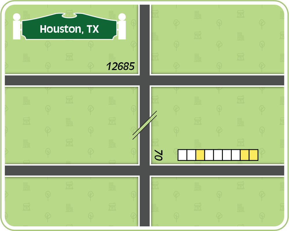 Simple street map displaying two horizontal streets intersecting a vertical street.
        In the upper left is a sign reading “Houston, TX”.
        Near the upper intersection is the number 12685.
        Near the lower intersection is the number 70, oriented vertically.
        In the lower right, along the lower horizontal street, is a row of 9 boxes with the 3rd, 8th, and 9th boxes highlighted.