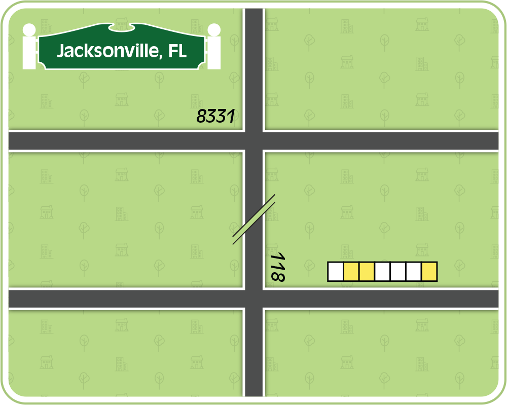 Simple street map displaying two horizontal streets intersecting a vertical street.
        In the upper left is a sign reading “Jacksonville, FL”.
        Near the upper intersection is the number 8331.
        Near the lower intersection is the number 118, oriented vertically.
        In the lower right, along the lower horizontal street, is a row of 7 boxes with the 2nd, 3rd, and 7th boxes highlighted.