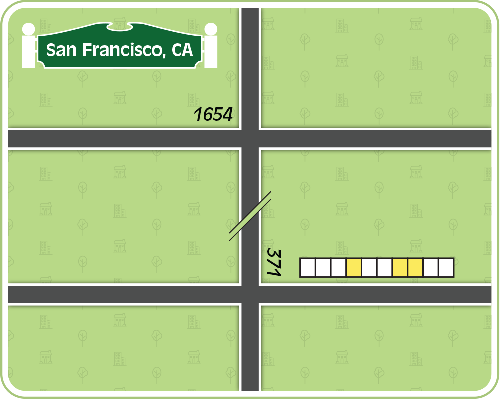 Simple street map displaying two horizontal streets intersecting a vertical street.
        In the upper left is a sign reading “San Francisco, CA”.
        Near the upper intersection is the number 1654.
        Near the lower intersection is the number 371, oriented vertically.
        In the lower right, along the lower horizontal street, is a row of 10 boxes with the 4th, 7th, and 8th boxes highlighted.