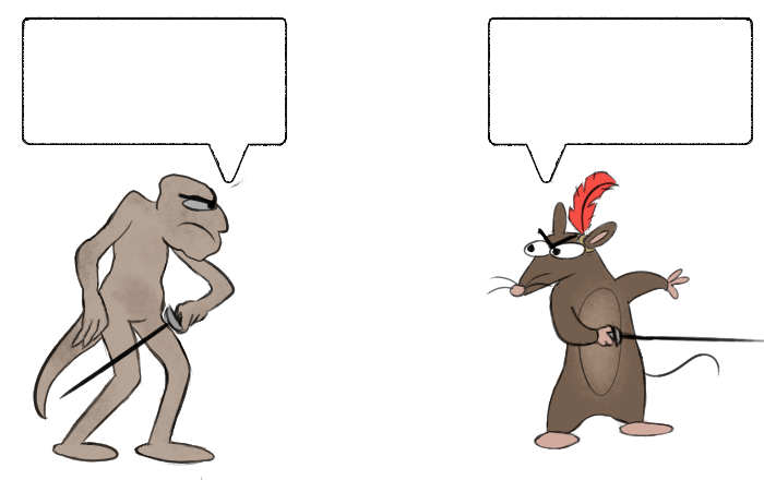 Goblin on left with rapier held down at center, point facing southwest; Reepicheep on right with rapier held straight across, pointing east