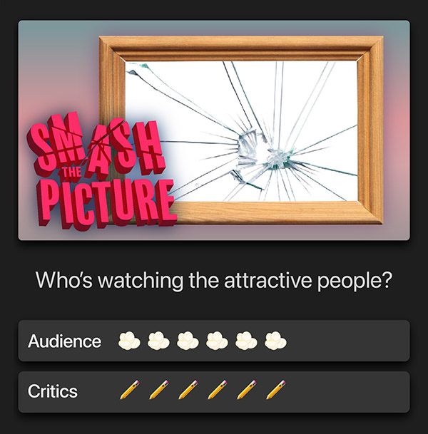 Smash the picture. Who’s watching the attractive people? Audience: 6 popcorn kernels. Critics: 6 pencils.