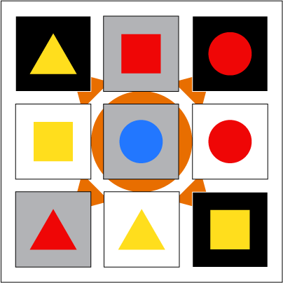 3x3 grid of colored shapes