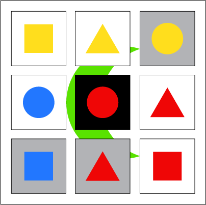 3x3 grid of colored shapes