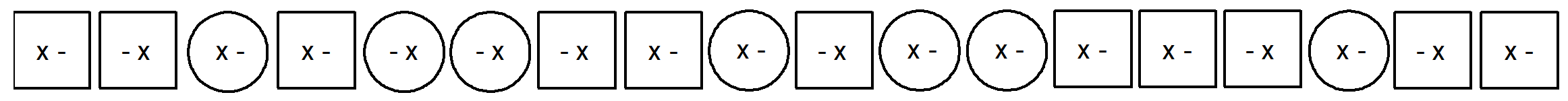 square with X - in it; square with - X in it; circle with X - in it; square with X - in it; circle with - X in it; circle with - X in it; square with - X in it; square with X - in it; circle with X - in it; square with - X in it; circle with X - in it; circle with X - in it; square with X - in it; square with X - in it; square with - X in it; circle with X - in it; square with - X in it; square with X - in it;