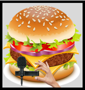 A hand placing a lapel microphone on a cheeseburger