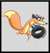 An orange fox with a purple bandana holding a rolled-up aux cable