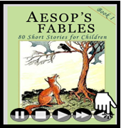Aesop's Fables with five circular menu buttons at the bottom; a cursor clicks the button with two arrows pointing to the left