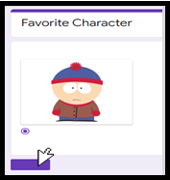 Google form named Favorite Character with a kid with a blue cap and red pom selected; a cursor hovers over the enter button