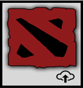 A dark red (with black elements) Valve video game logo; to its bottom right is a cloud and an up arrow entering the cloud
