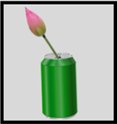 A green soda can contains a flower stem with a pink unbloomed top sticking out of it