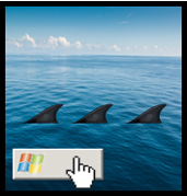 The dorsals of 3 sharks sticking out of the ocean; in the bottom left corner a cursor hovers over the Windows menu button