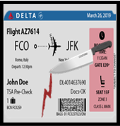 A Delta Airlines plane ticket, with a knife carving a blood red lightning bolt