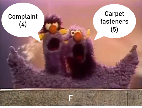 A two headed monster. The left head says Complaint 4. The right head says Carpet fasteners 5.