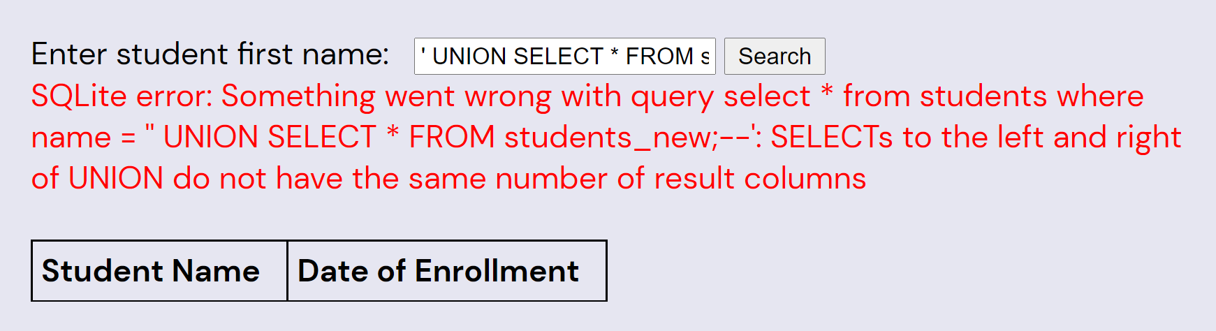 Screenshot showing error: SQLite error: Something went wrong with query select * from students where name = '' UNION SELECT * FROM students_new;--': SELECTs to the left and right of UNION do not have the same number of result columns