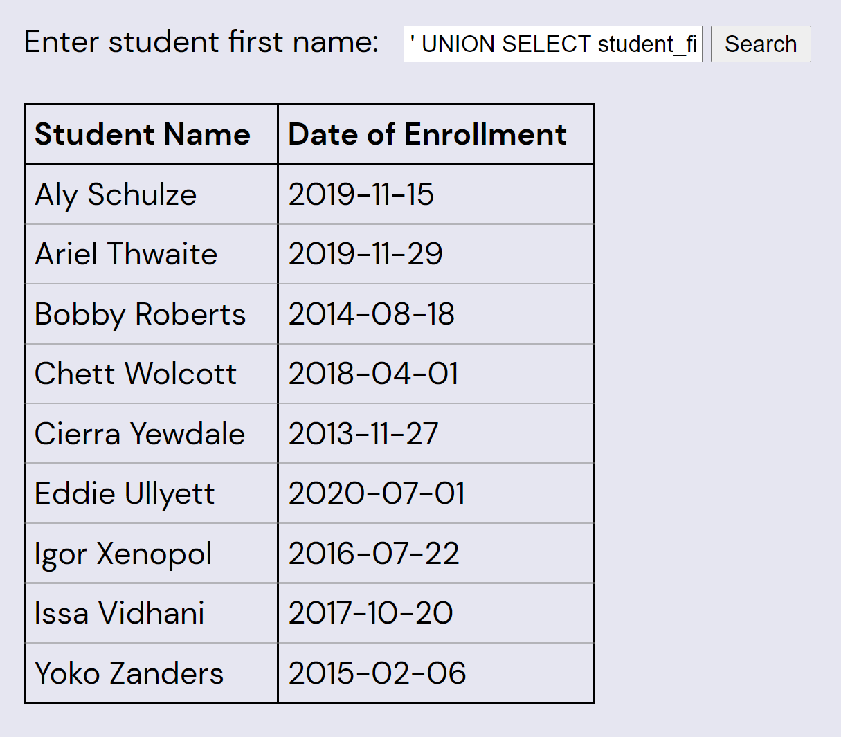 Screenshot showing the names and enrollment dates of students listed in the table below.