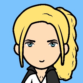 cartoon person with blonde ponytail wearing white shirt and black coat