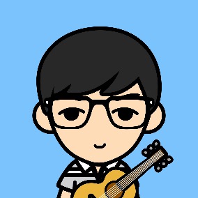 cartoon person with black short hair wearing grey striped shirt and glasses, holding a guitar
