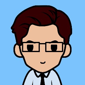 cartoon person with short auburn hair wearing light grey button-down shirt and a black tie, and glasses