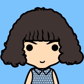 cartoon person with long curly dark brown hair wearing a blue dress with white polka dots