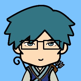 cartoon person with short turquoise hair wearing glasses, a robe, and a bow and quiver