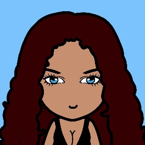 cartoon person with long wavy dark red hair wearing a black 